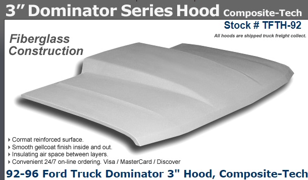 Fiberglass 3" Dominator Cowl Hood 92-96 Ford Trucks